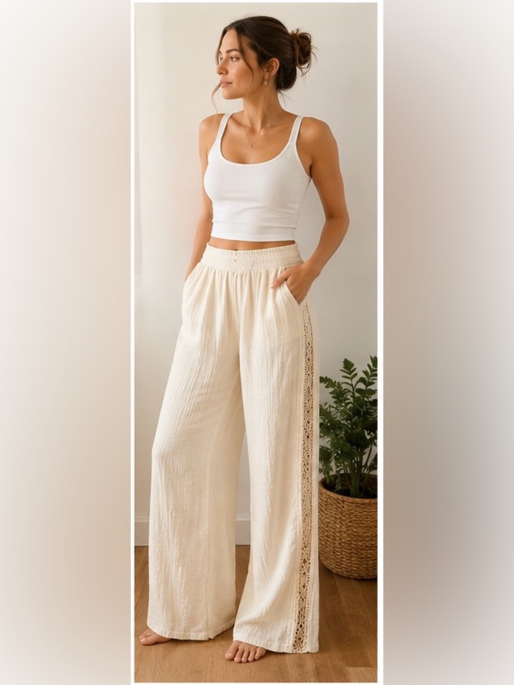 Aerie Cotton Gauze Wide Leg Pants Large Cream Crochet Boho Beach
